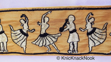 Beige Fabric Trim With Embroidered Dancers And Musicians in Gold & Black / Blue, Dance Music Trims, Approx. 80mm - 210119L514 / 15